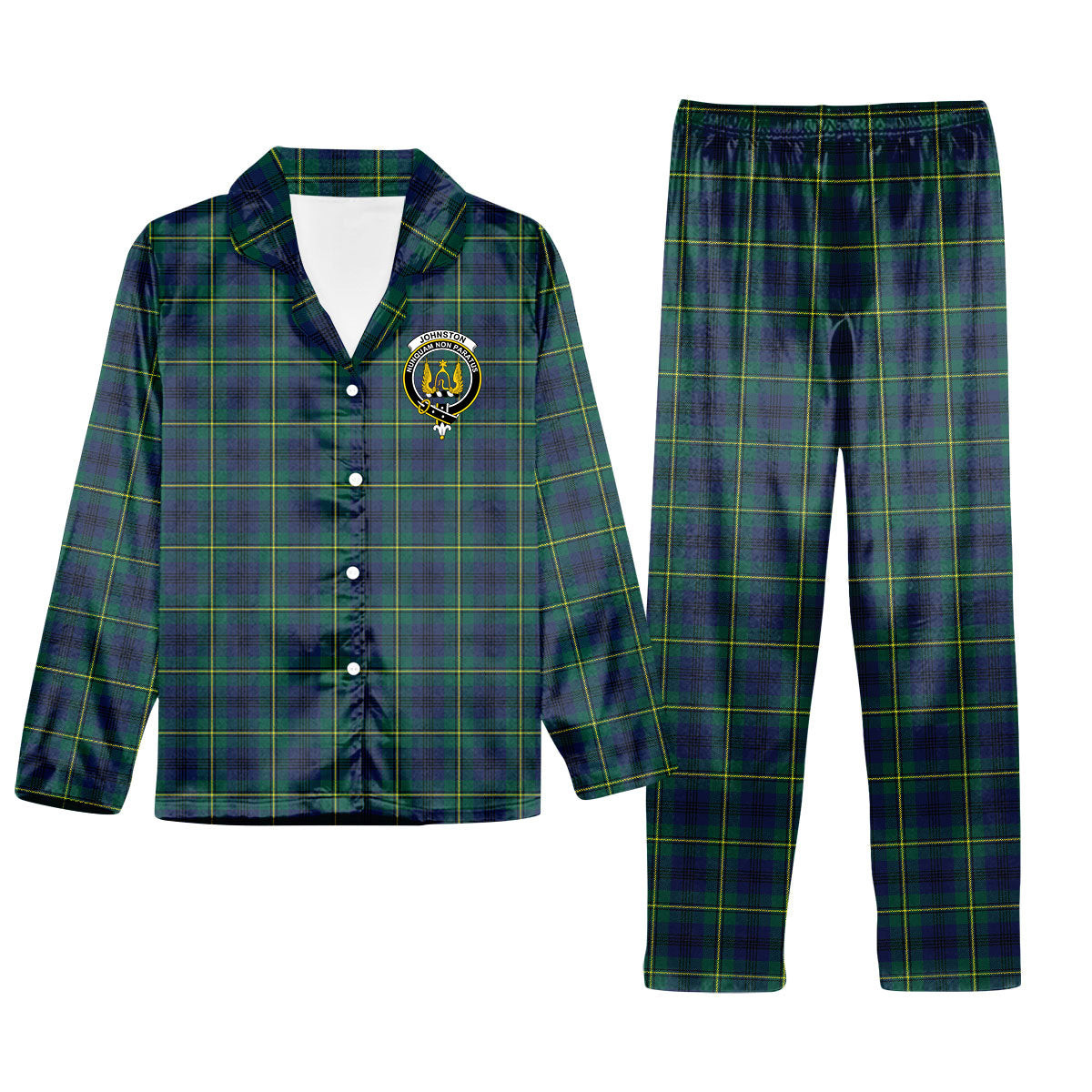 ScotsTee Shop Scottish Johnstone Originaux Modern Clan Crest Tartan Pajama Satin Velvet Flannel Pajama Set