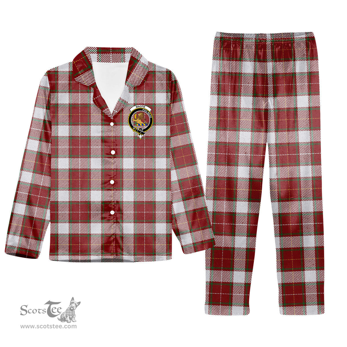 ScotsTee Shop Scottish MacFie Dress Ancient Crest Tartan Pajama Satin Velvet Flannel Pajama Set