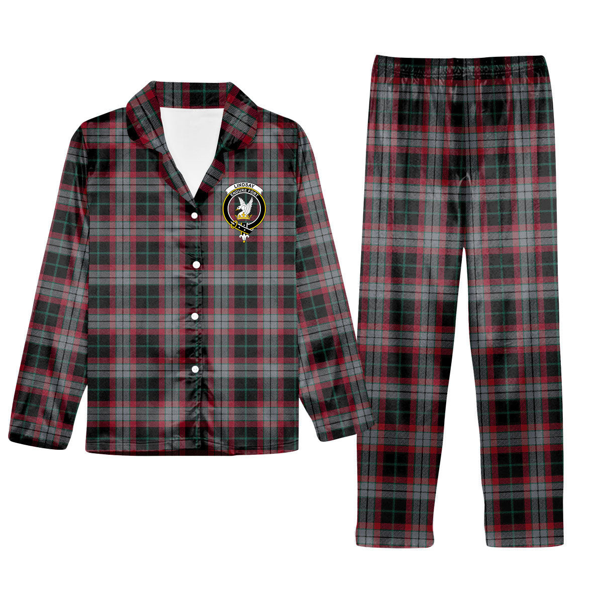 ScotsTee Shop Scottish Lindsay Hunting Modern Crest Tartan Pajama Satin Velvet Flannel Pajama Set