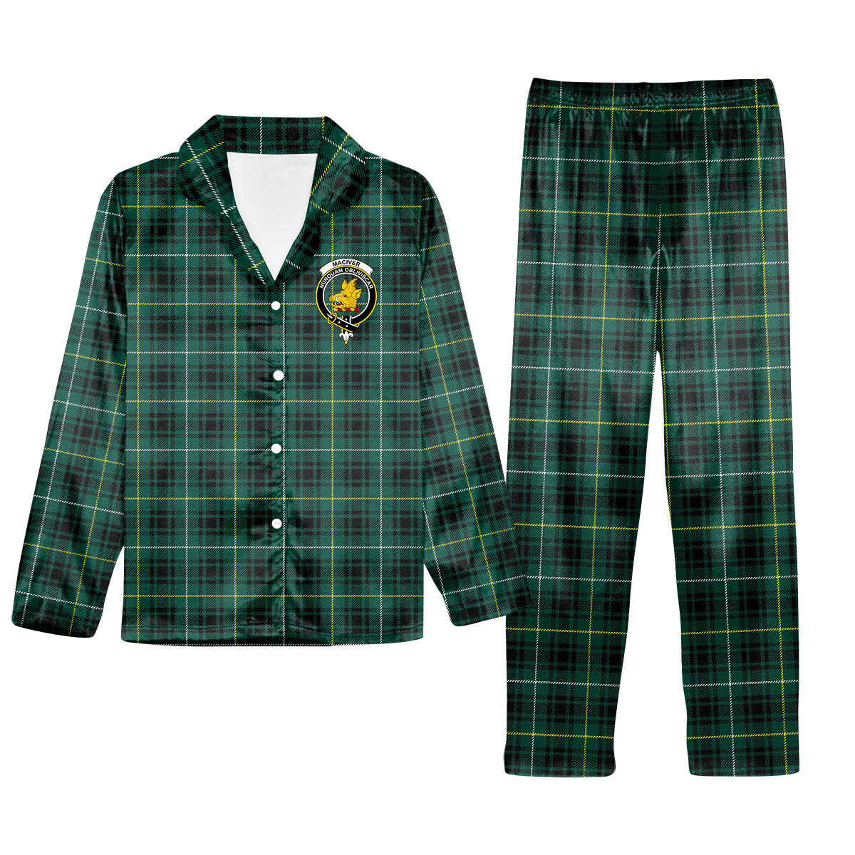 ScotsTee Shop Scottish MacIver Hunting Modern Crest Tartan Pajama Satin Velvet Flannel Pajama Set