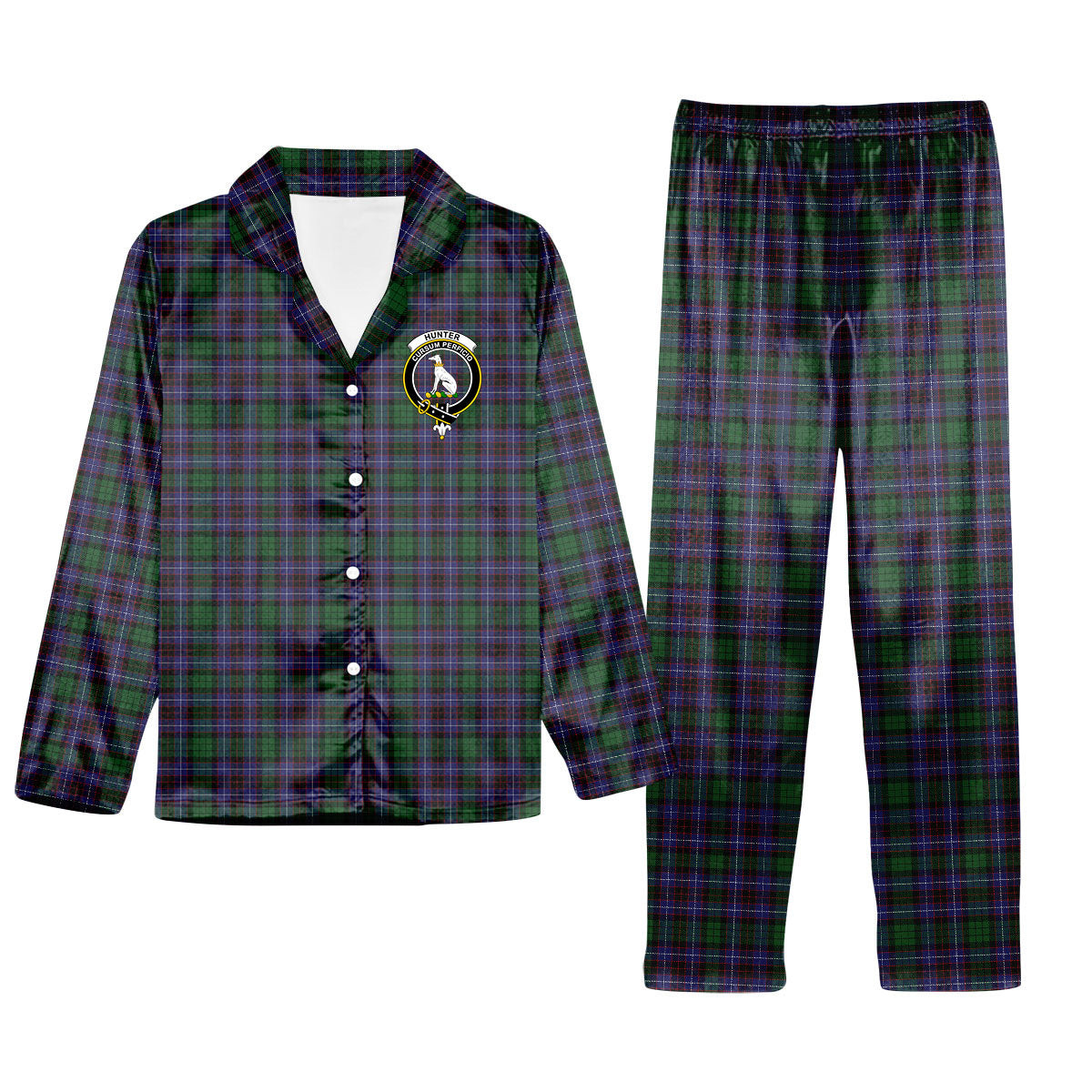 ScotsTee Shop Scottish Hunter of Peebleshire Crest Tartan Pajama Satin Velvet Flannel Pajama Set