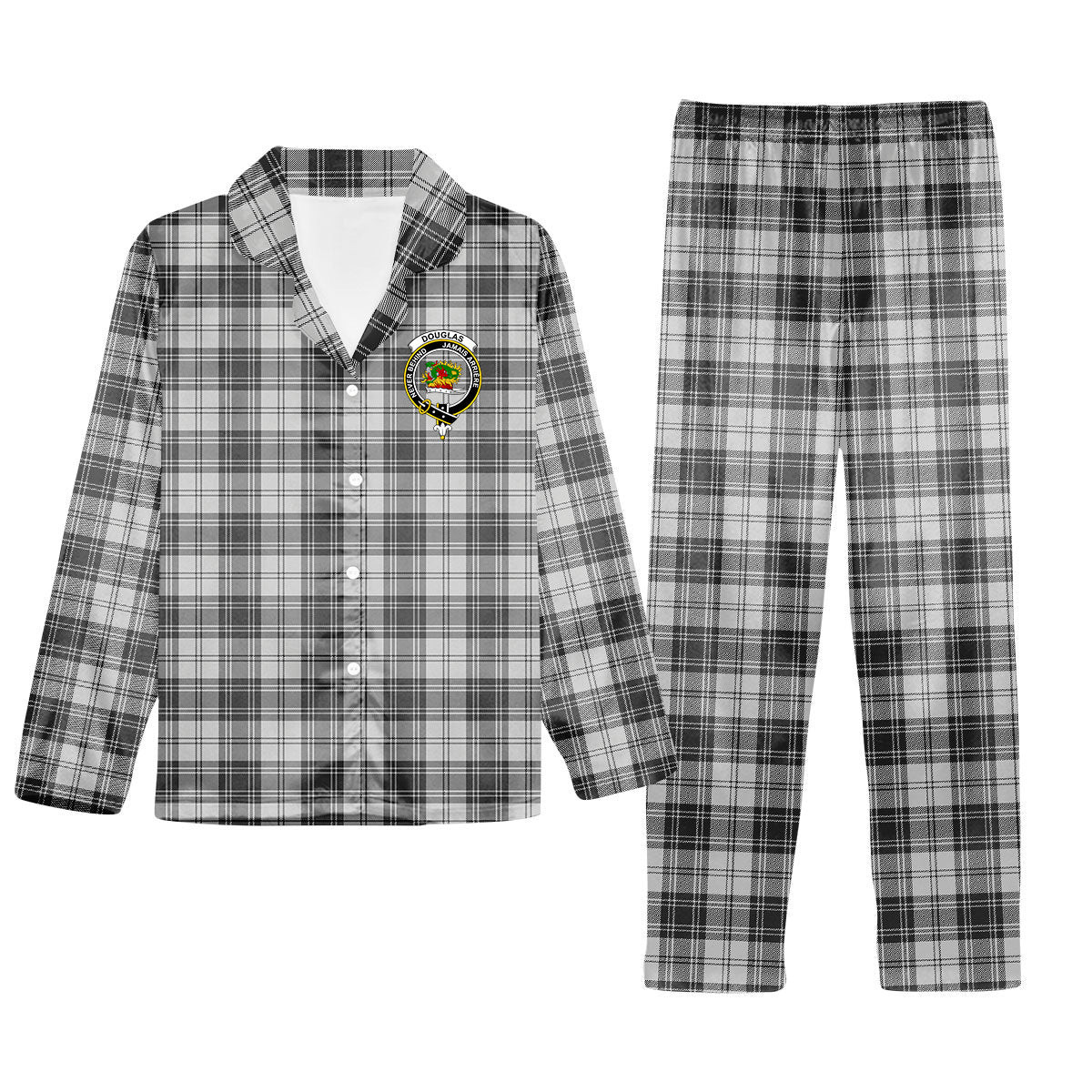 ScotsTee Shop Scottish Douglas Grey Modern Crest Tartan Pajama Satin Velvet Flannel Pajama Set