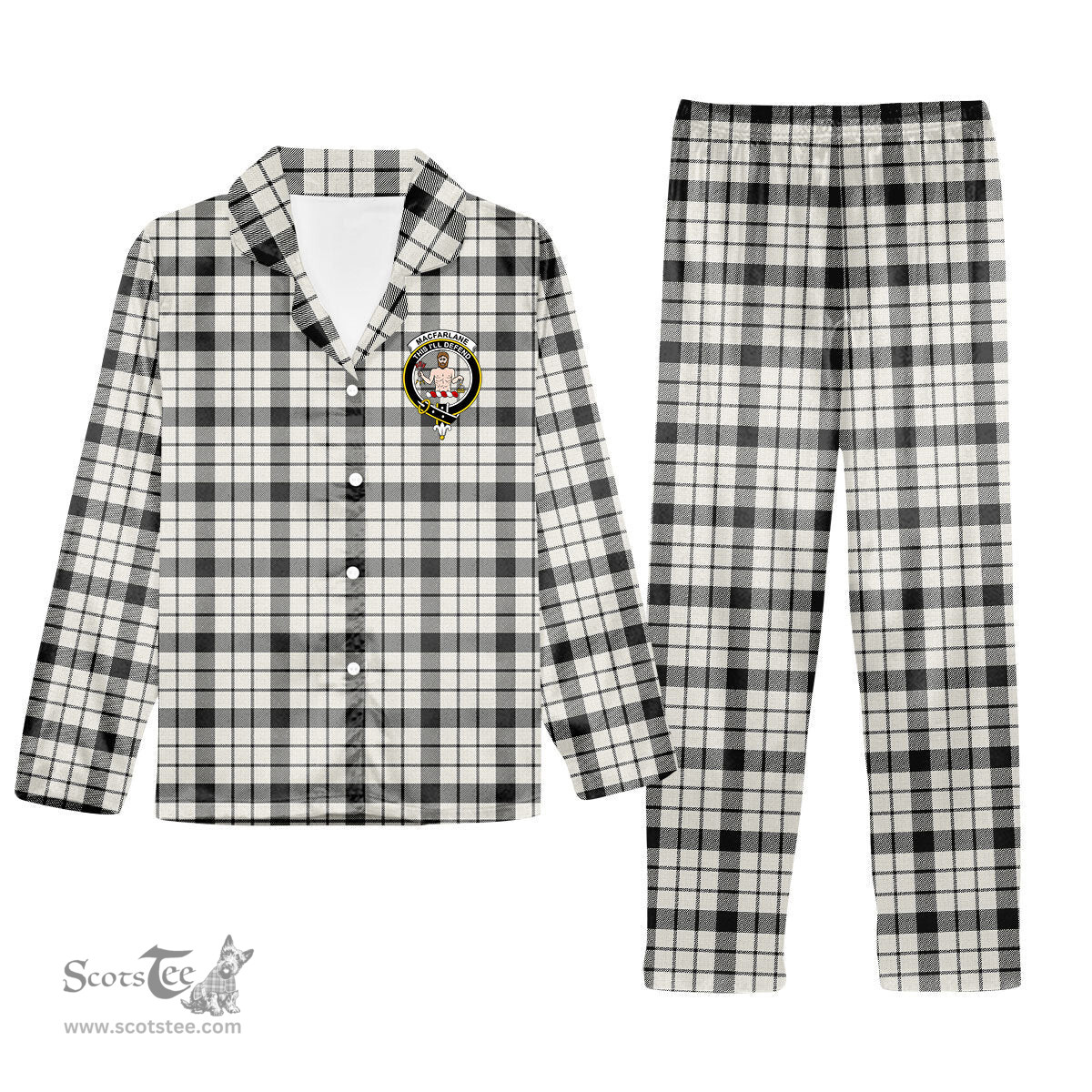 ScotsTee Shop Scottish MacFarlane Black White Ancient Crest Tartan Pajama Satin Velvet Flannel Pajama Set
