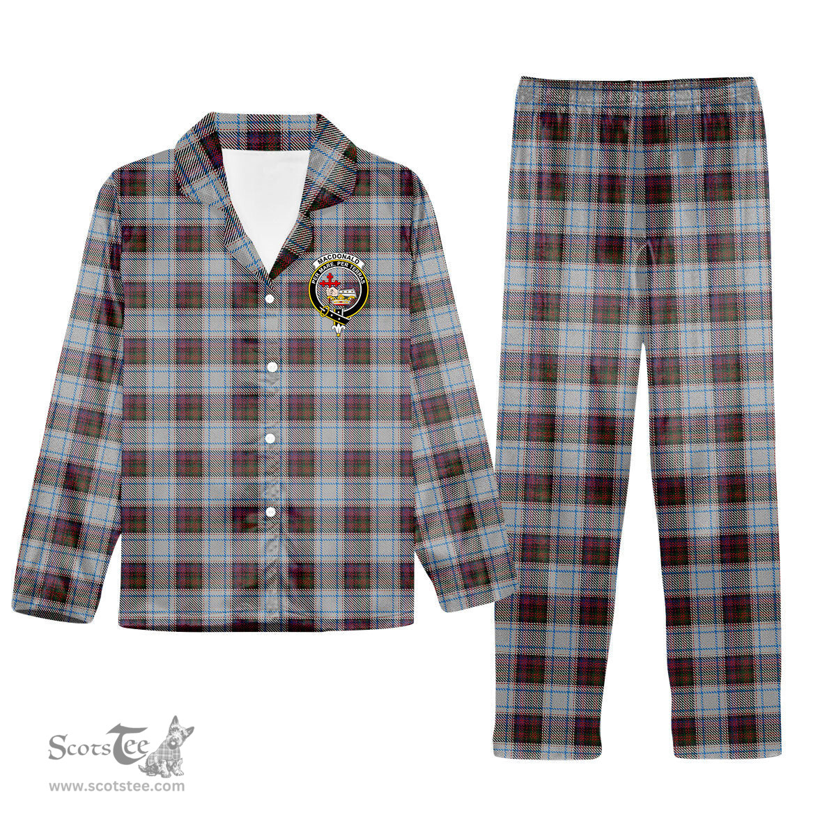 ScotsTee Shop Scottish MacDonald Dress 3 Crest Tartan Pajama Satin Velvet Flannel Pajama Set