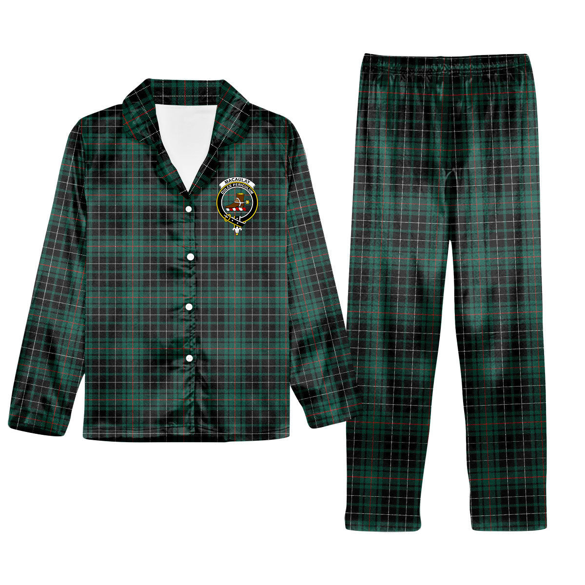 ScotsTee Shop Scottish MacAulay Hunting Modern Crest Tartan Pajama Satin Velvet Flannel Pajama Set