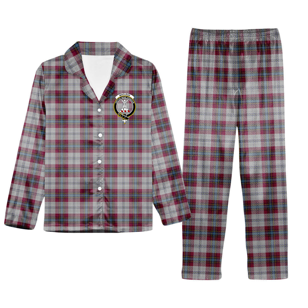 ScotsTee Shop Scottish MacLean of Duart Dress 4 Crest Tartan Pajama Satin Velvet Flannel Pajama Set