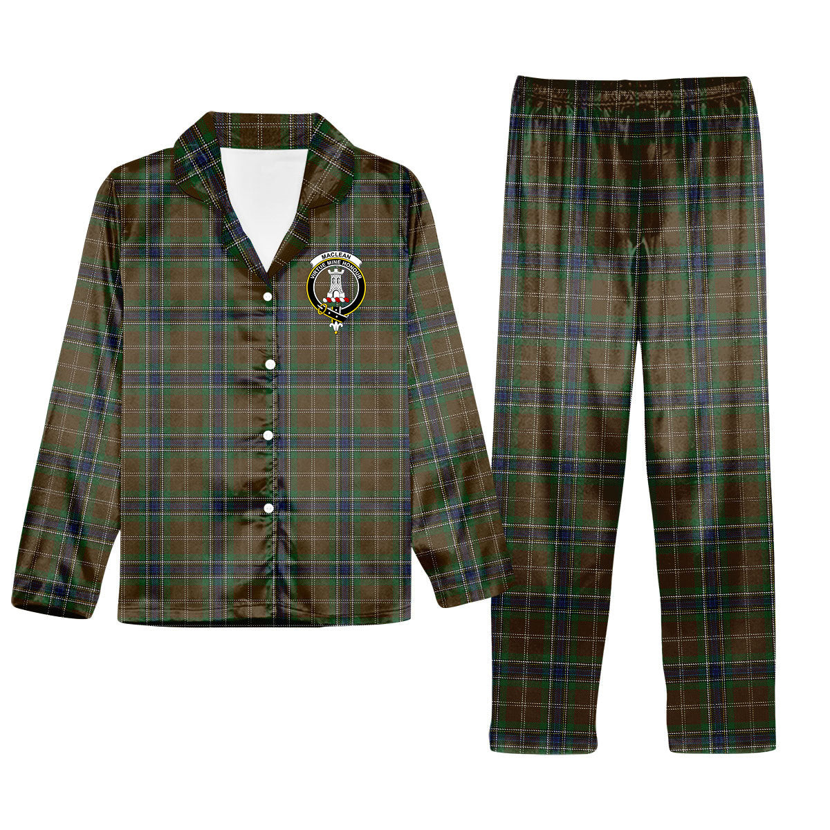 ScotsTee Shop Scottish MacLean of Kingairloch Crest Tartan Pajama Satin Velvet Flannel Pajama Set