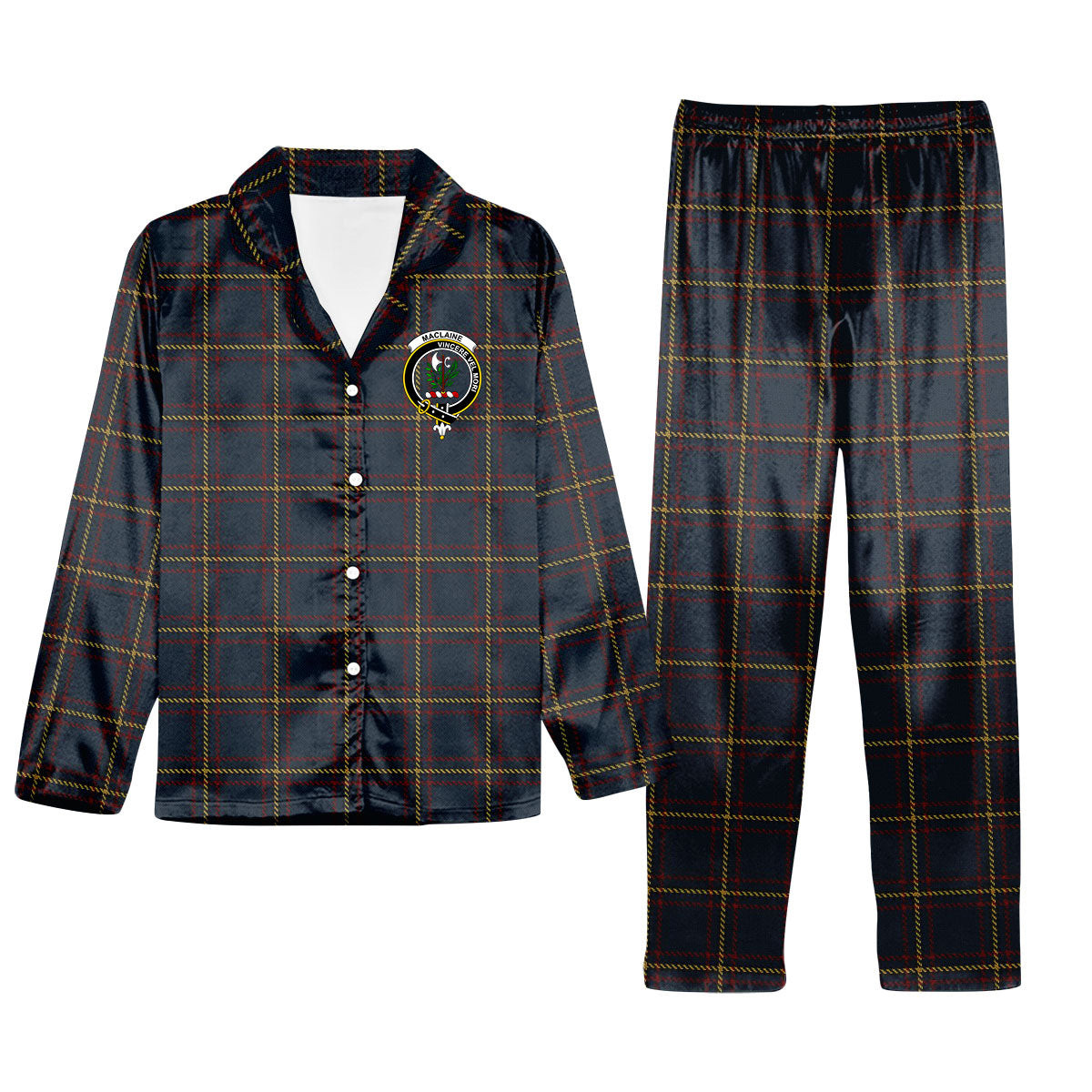 ScotsTee Shop Scottish MacLaine of Lochbuie Hunting Crest Tartan Pajama Satin Velvet Flannel Pajama Set