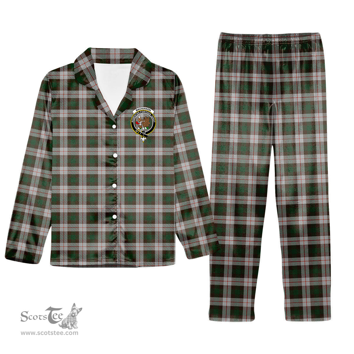 ScotsTee Shop Scottish MacKinnon Dress Crest Tartan Pajama Satin Velvet Flannel Pajama Set