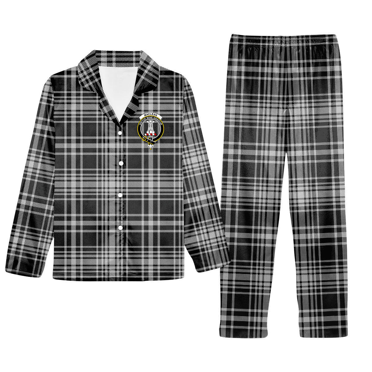 ScotsTee Shop Scottish MacLean Black and White Crest Tartan Pajama Satin Velvet Flannel Pajama Set