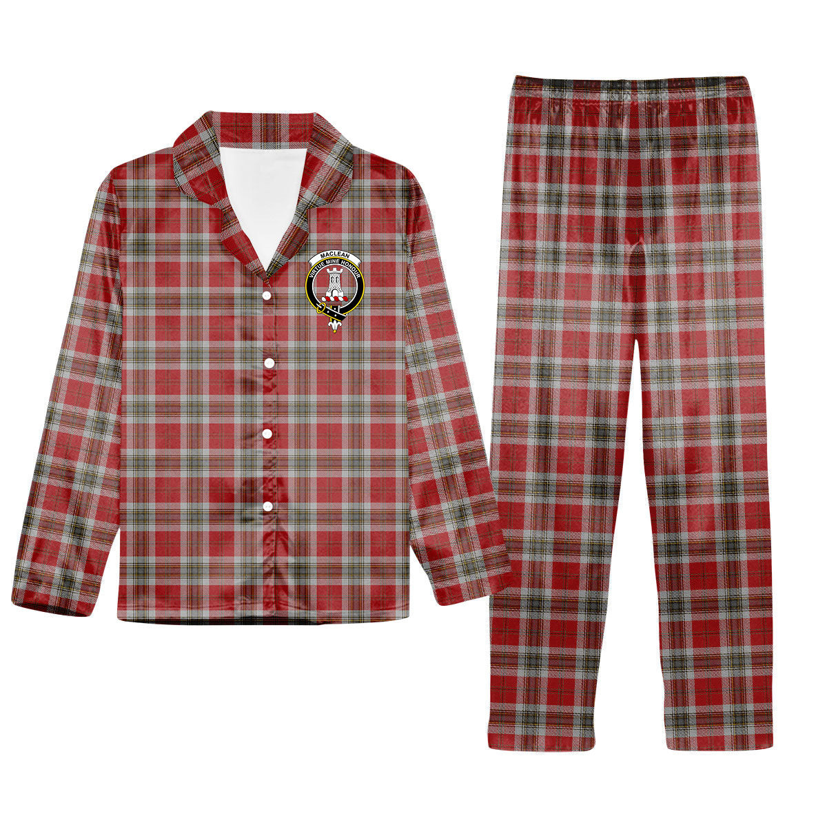 ScotsTee Shop Scottish MacLean of Duart Dress Red Crest Tartan Pajama Satin Velvet Flannel Pajama Set