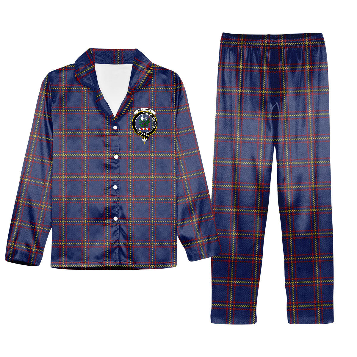 ScotsTee Shop Scottish MacLaine of Lochbuie Crest Tartan Pajama Satin Velvet Flannel Pajama Set