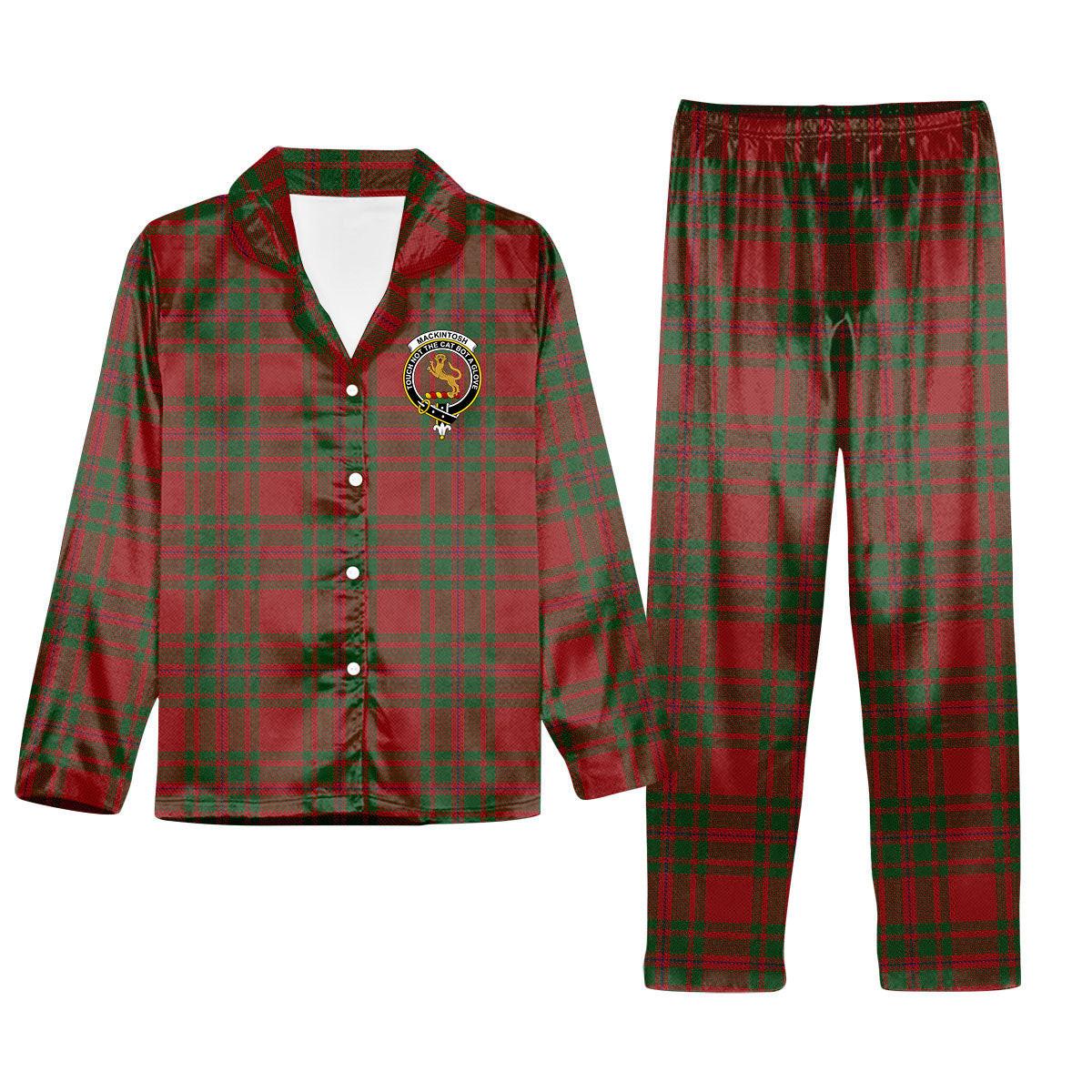 ScotsTee Shop Scottish MacKintosh Red Crest Tartan Pajama Satin Velvet Flannel Pajama Set