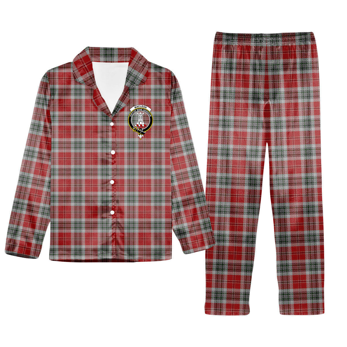 ScotsTee Shop Scottish MacLean of Duart Dress 2 Crest Tartan Pajama Satin Velvet Flannel Pajama Set