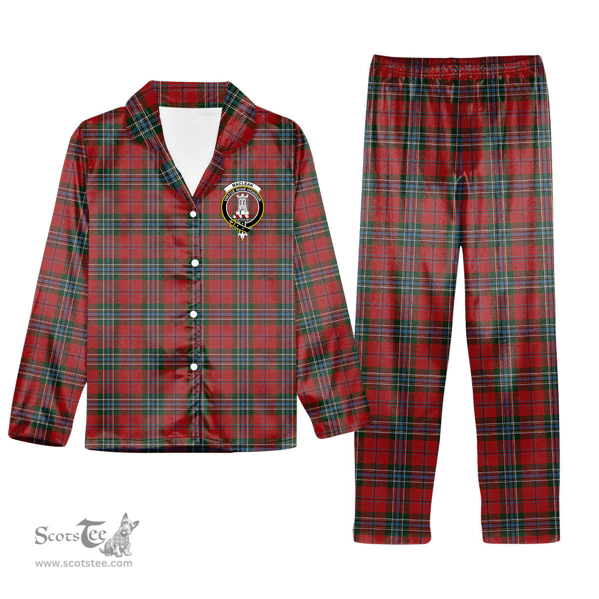 ScotsTee Shop Scottish MacLean 3 Crest Tartan Pajama Satin Velvet Flannel Pajama Set