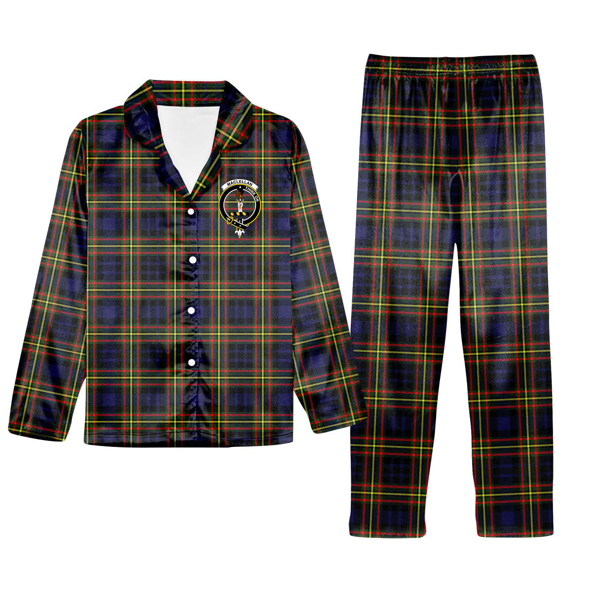 ScotsTee Shop Scottish MacLellan Modern SC Crest Tartan Pajama Satin Velvet Flannel Pajama Set