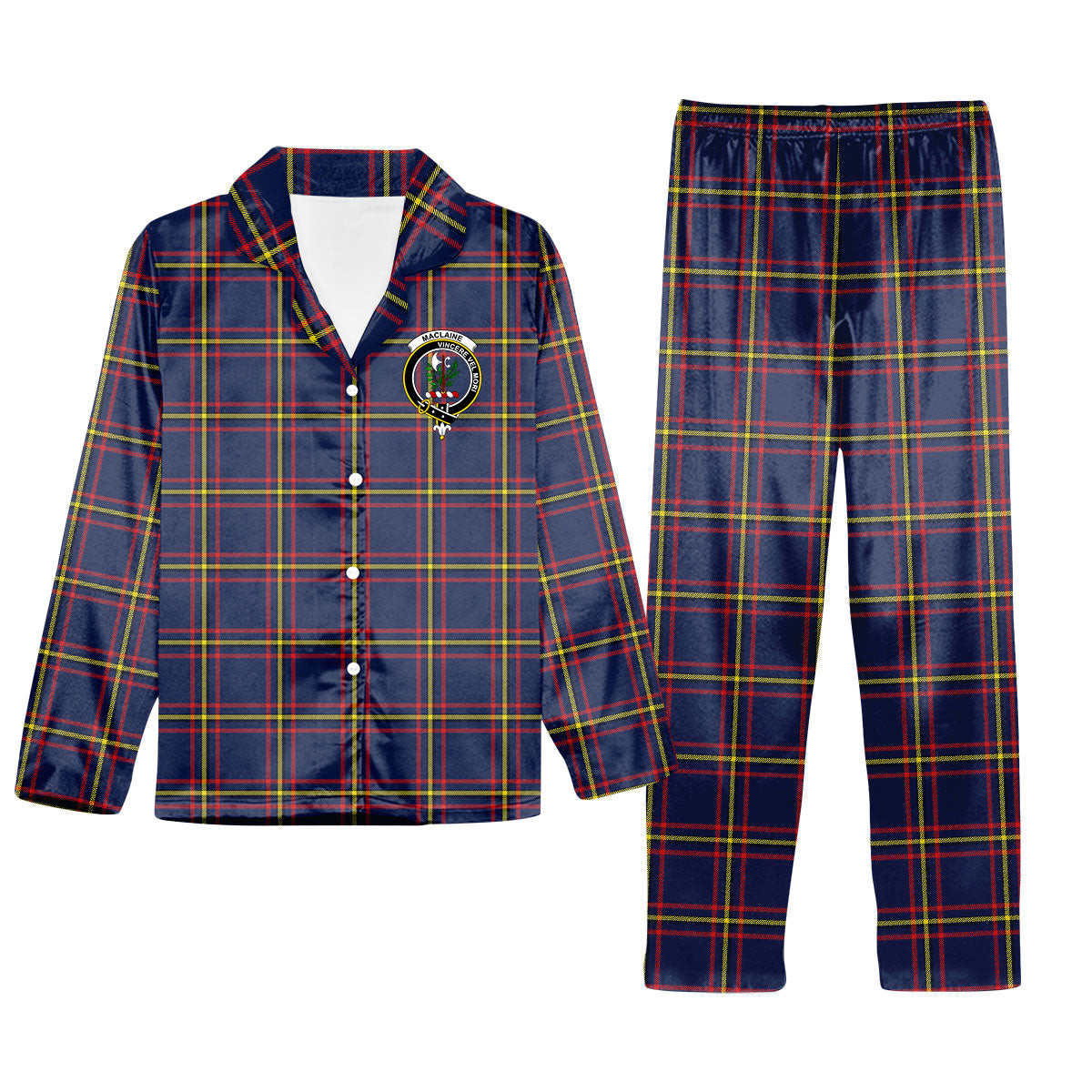 ScotsTee Shop Scottish MacLaine of Lochbuie Hunting Modern Crest Tartan Pajama Satin Velvet Flannel Pajama Set