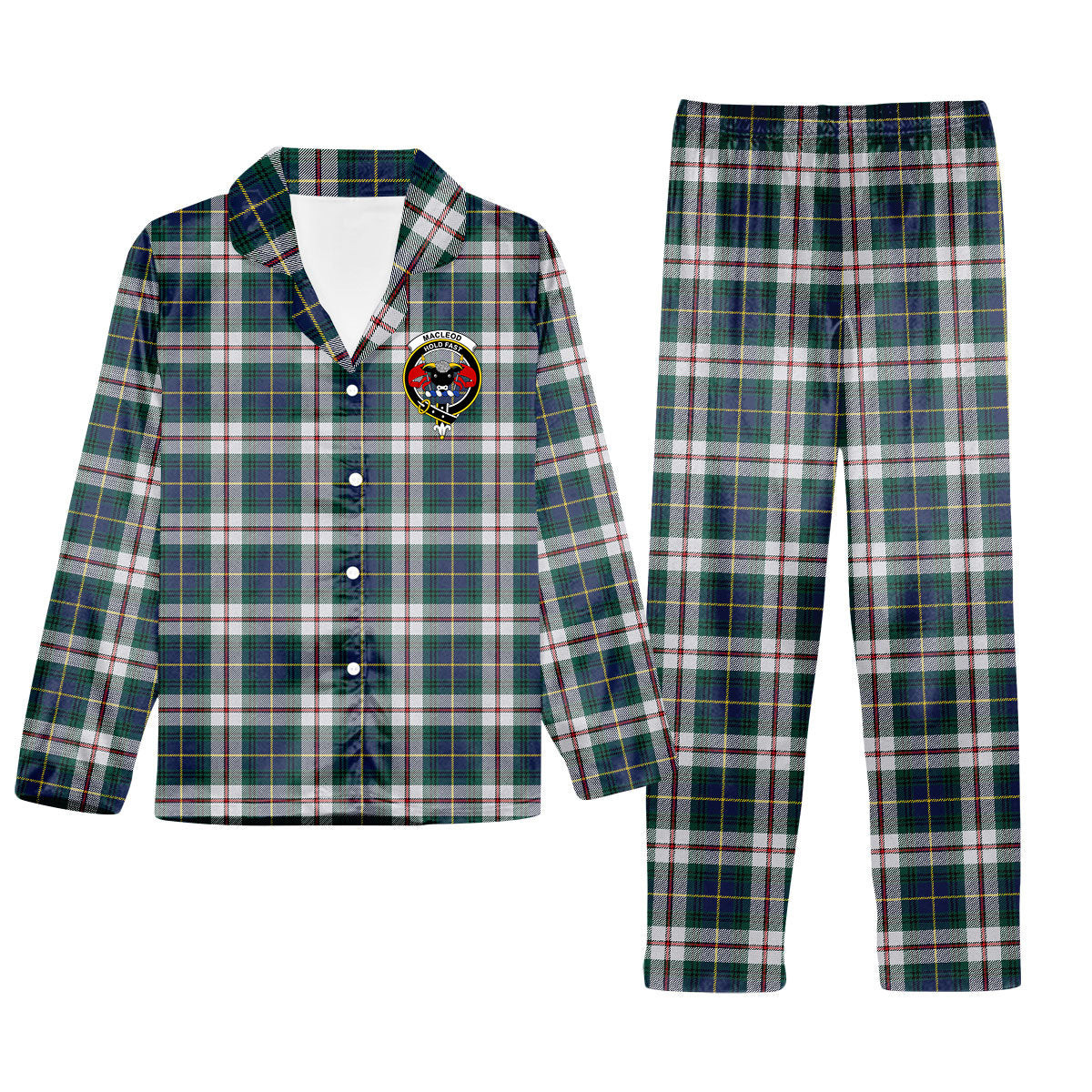 ScotsTee Shop Scottish MacLeod Of Californian Modern Crest Tartan Pajama Satin Velvet Flannel Pajama Set