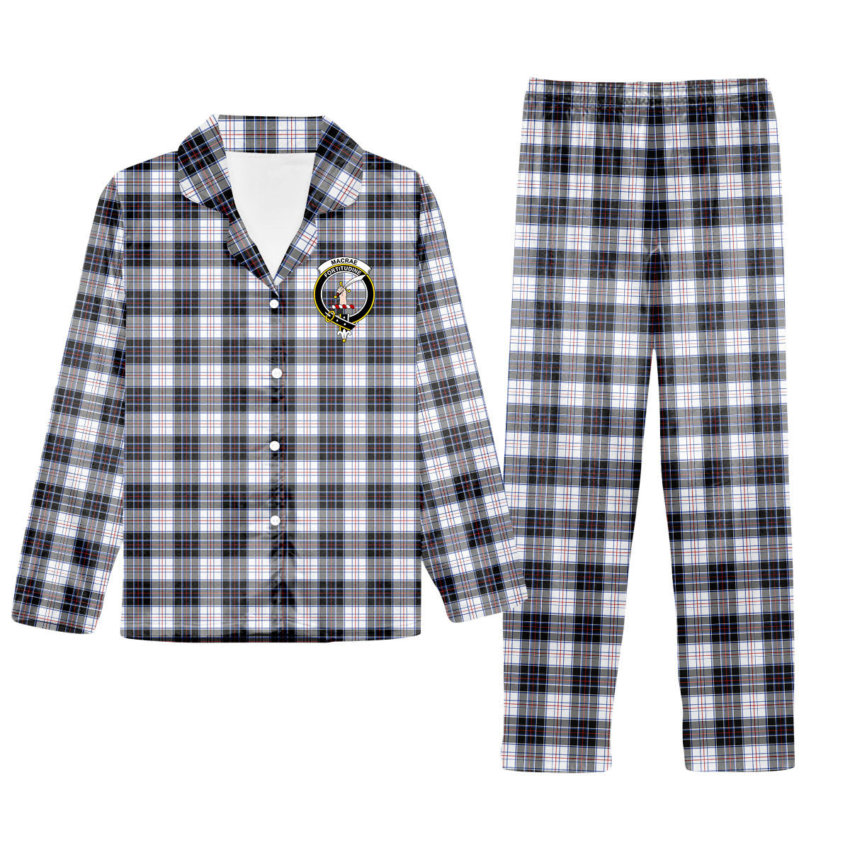 ScotsTee Shop Scottish MacRae Dress Modern Crest Tartan Pajama Satin Velvet Flannel Pajama Set