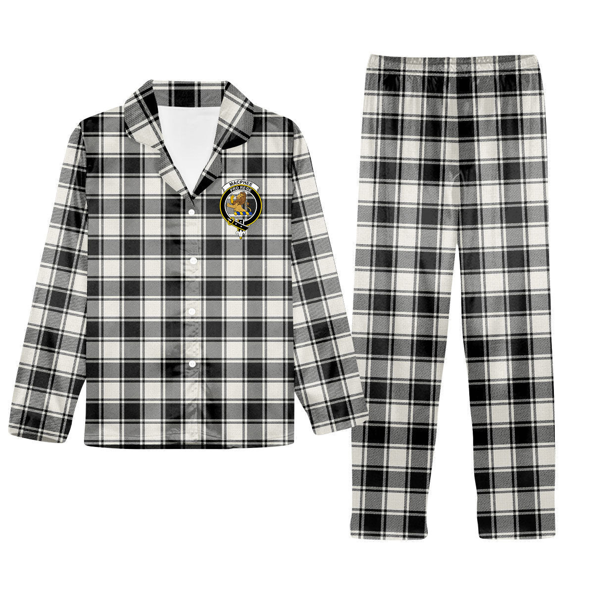 ScotsTee Shop Scottish MacPhee B&W Ancient Crest Tartan Pajama Satin Velvet Flannel Pajama Set