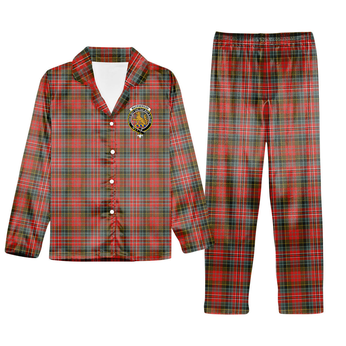 ScotsTee Shop Scottish MacPherson Weathered Crest Tartan Pajama Satin Velvet Flannel Pajama Set