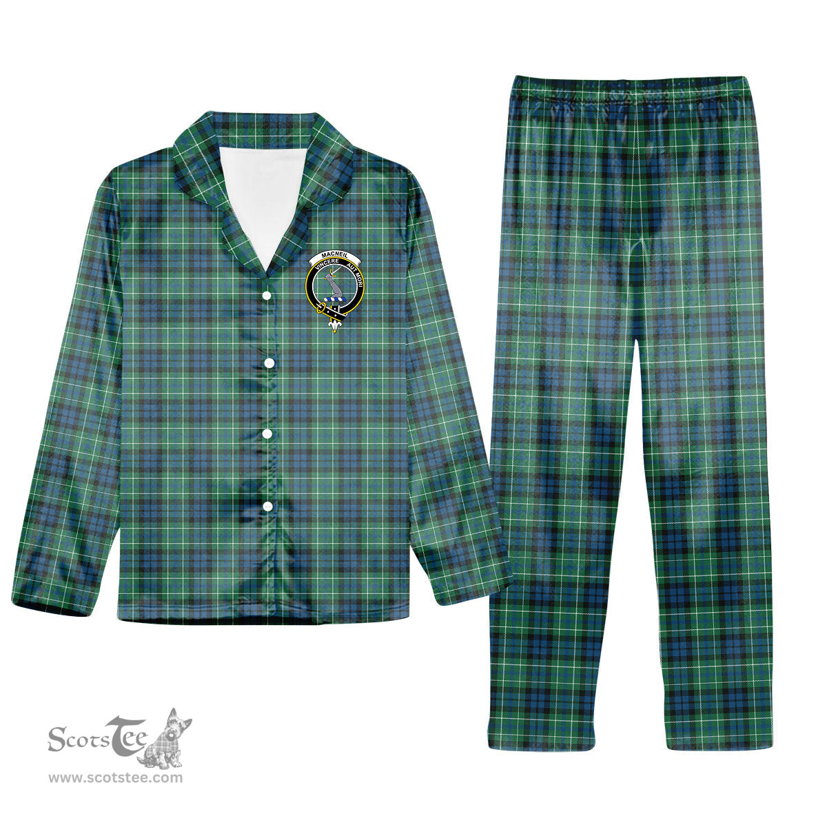 ScotsTee Shop Scottish MacNeill of Colonsay Ancient Crest Tartan Pajama Satin Velvet Flannel Pajama Set