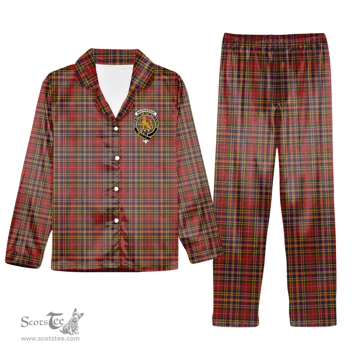 ScotsTee Shop Scottish MacPherson 2 Crest Tartan Pajama Satin Velvet Flannel Pajama Set