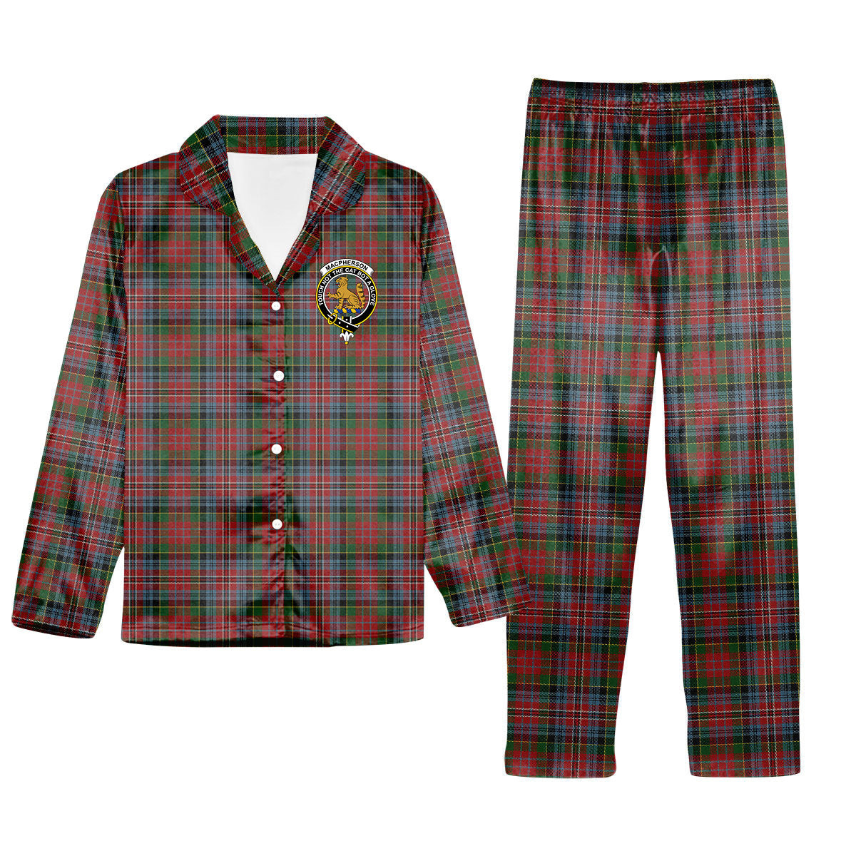 ScotsTee Shop Scottish MacPherson 5 Crest Tartan Pajama Satin Velvet Flannel Pajama Set