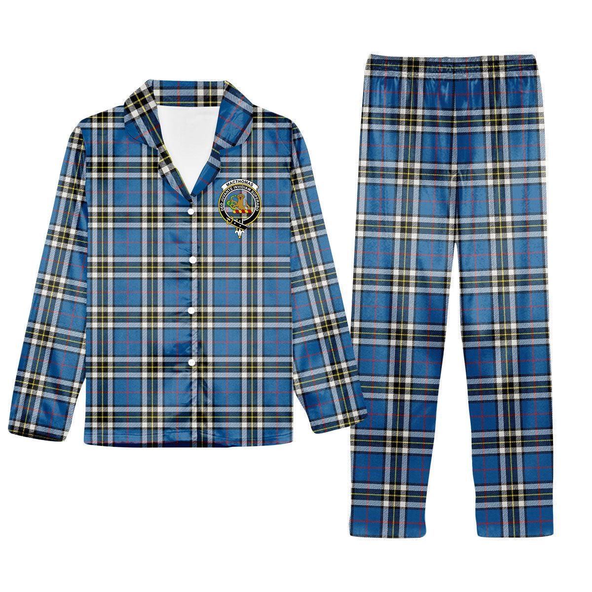 ScotsTee Shop Scottish MacThomas Blue Modern Crest Tartan Pajama Satin Velvet Flannel Pajama Set