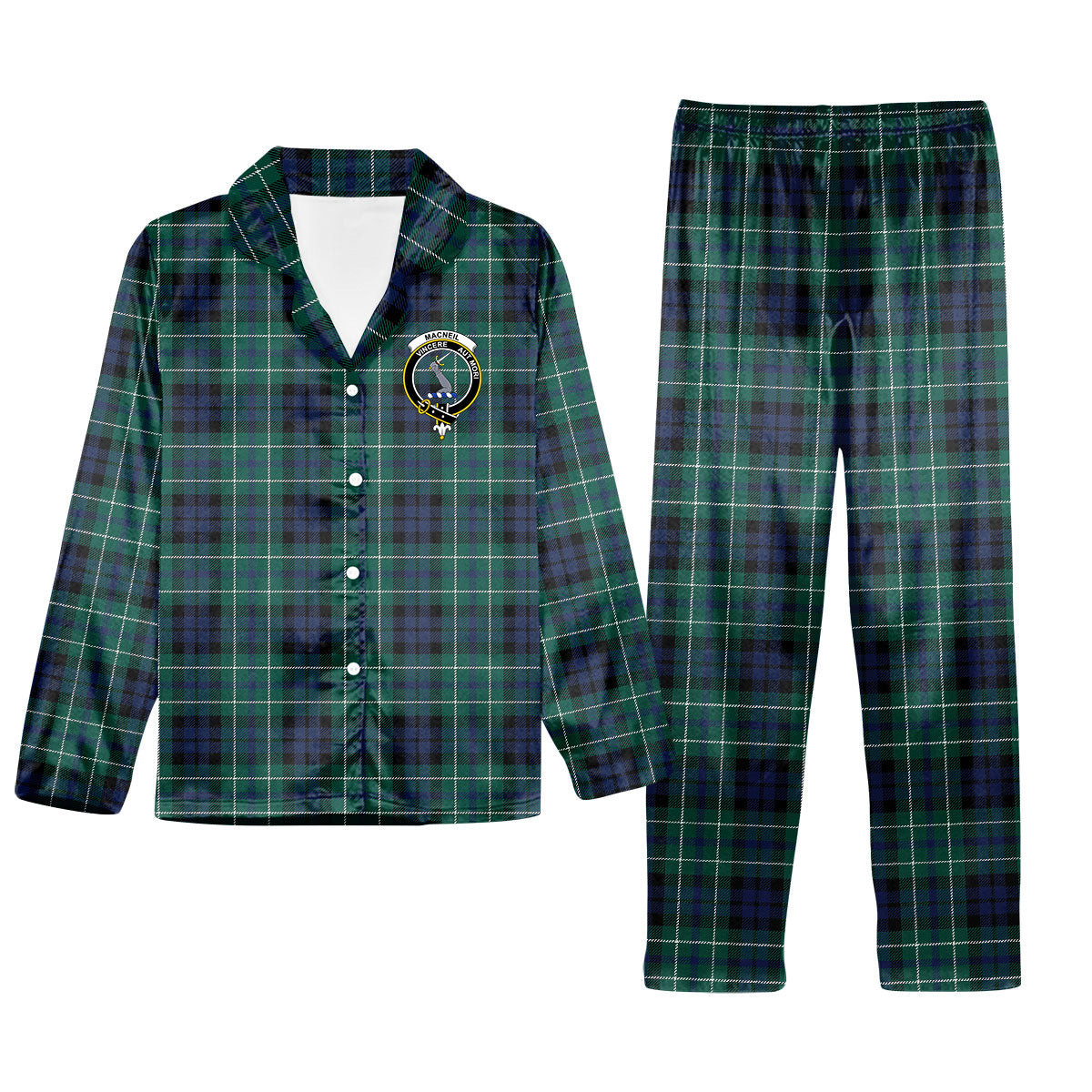 ScotsTee Shop Scottish MacNeill of Colonsay Modern Crest Tartan Pajama Satin Velvet Flannel Pajama Set