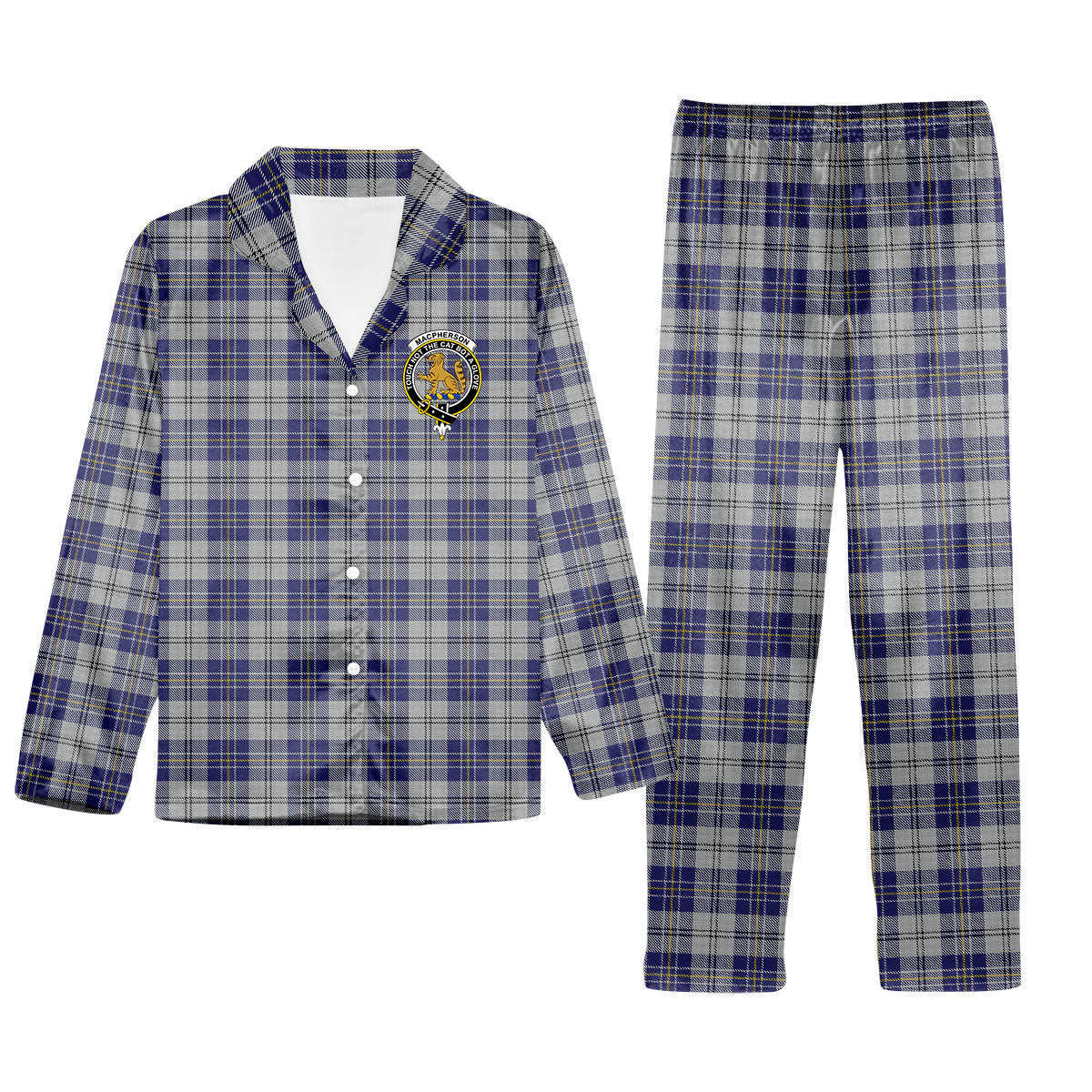 ScotsTee Shop Scottish MacPherson Dress Blue Crest Tartan Pajama Satin Velvet Flannel Pajama Set