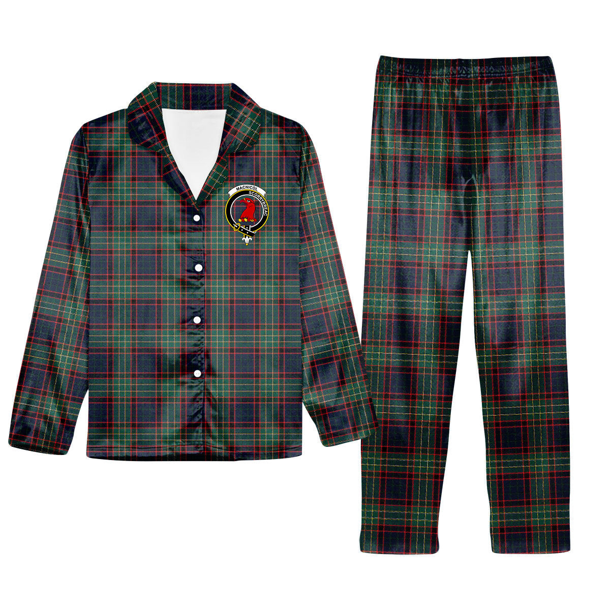 ScotsTee Shop Scottish MacNicol Hunting Modern Crest Tartan Pajama Satin Velvet Flannel Pajama Set