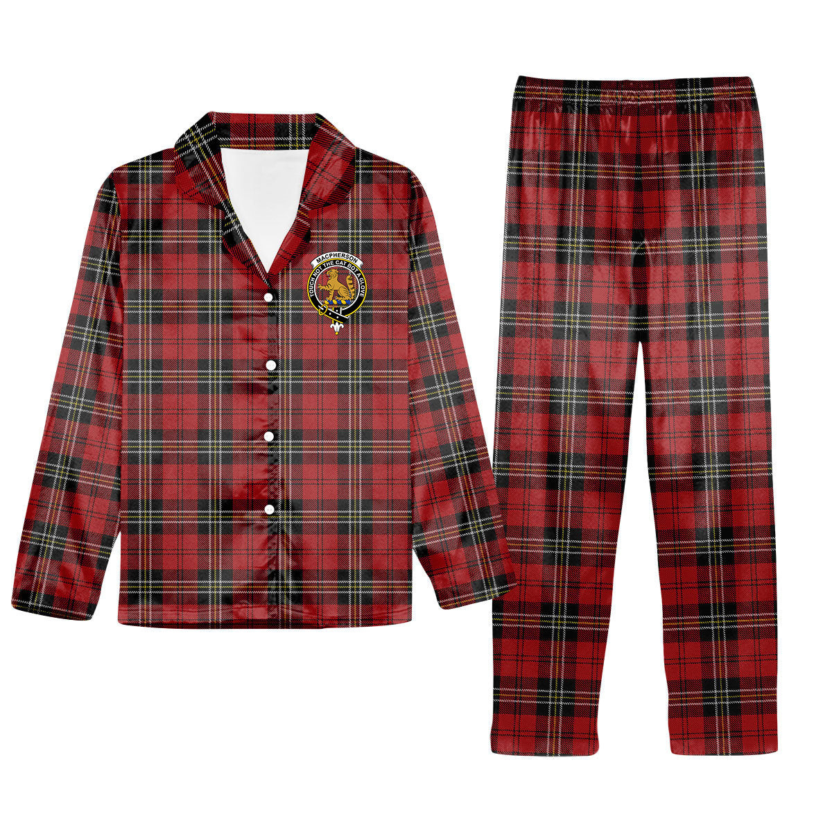ScotsTee Shop Scottish MacPherson Red Cluny Crest Tartan Pajama Satin Velvet Flannel Pajama Set