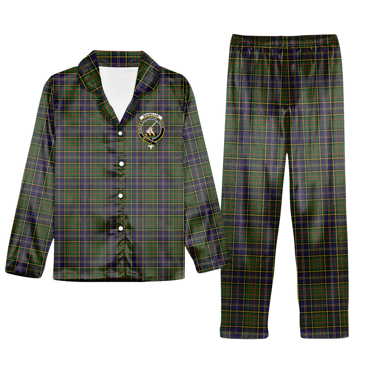 ScotsTee Shop Scottish MacMillan Hunting Modern SC Crest Tartan Pajama Satin Velvet Flannel Pajama Set