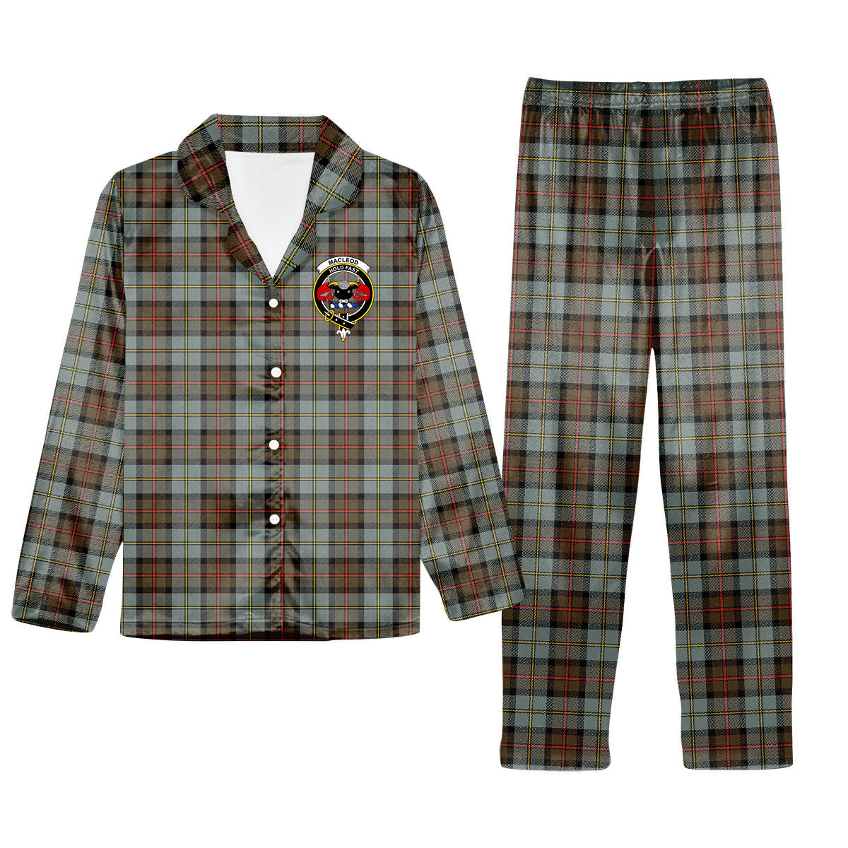 ScotsTee Shop Scottish MacLeod Of Harris Weathered Crest Tartan Pajama Satin Velvet Flannel Pajama Set