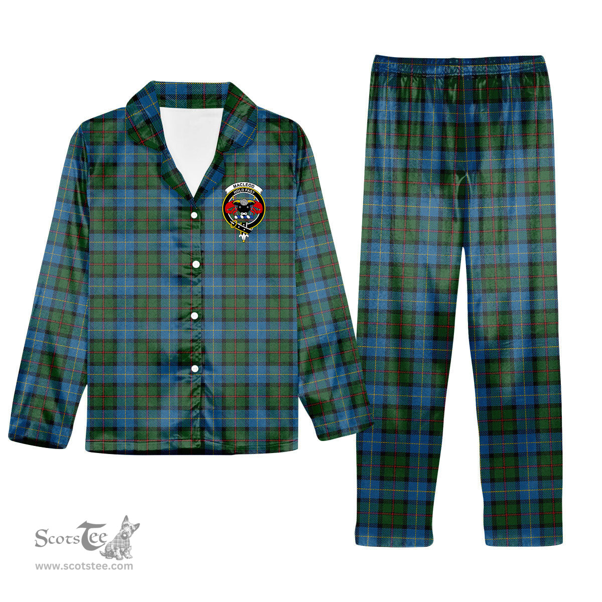 ScotsTee Shop Scottish MacLeod of Assynt Crest Tartan Pajama Satin Velvet Flannel Pajama Set