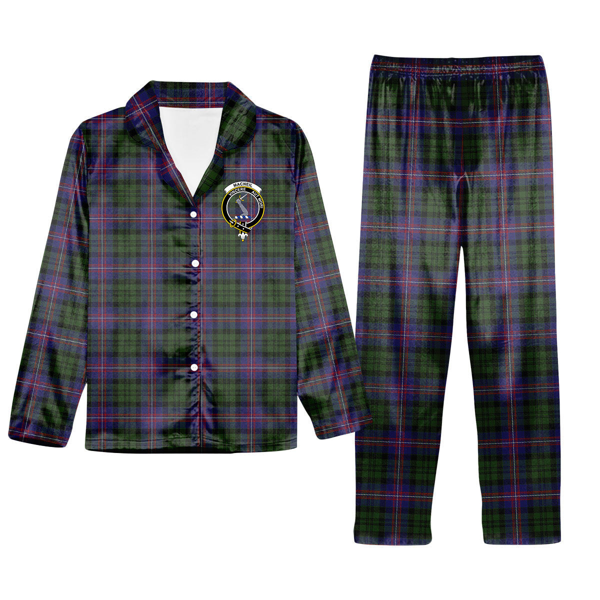 ScotsTee Shop Scottish MacNeil of Colonsay 2 Crest Tartan Pajama Satin Velvet Flannel Pajama Set