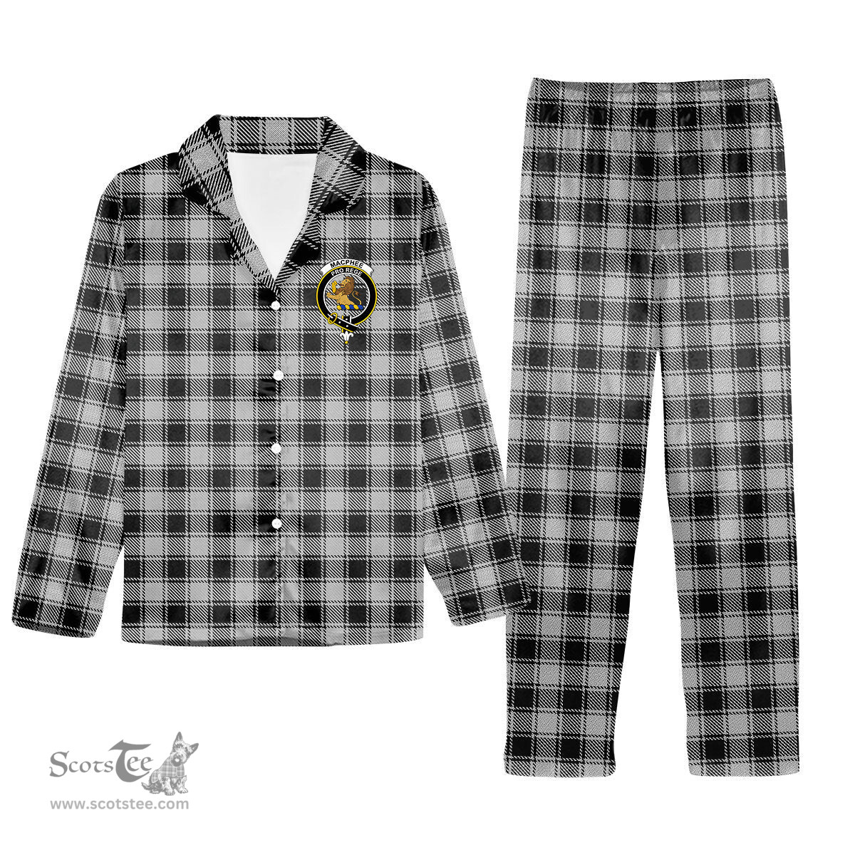ScotsTee Shop Scottish MacPhee Black and White Crest Tartan Pajama Satin Velvet Flannel Pajama Set