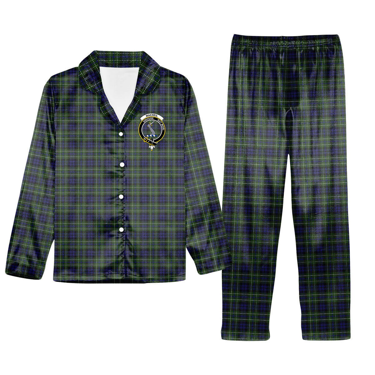 ScotsTee Shop Scottish MacNeil of Colonsay Crest Tartan Pajama Satin Velvet Flannel Pajama Set