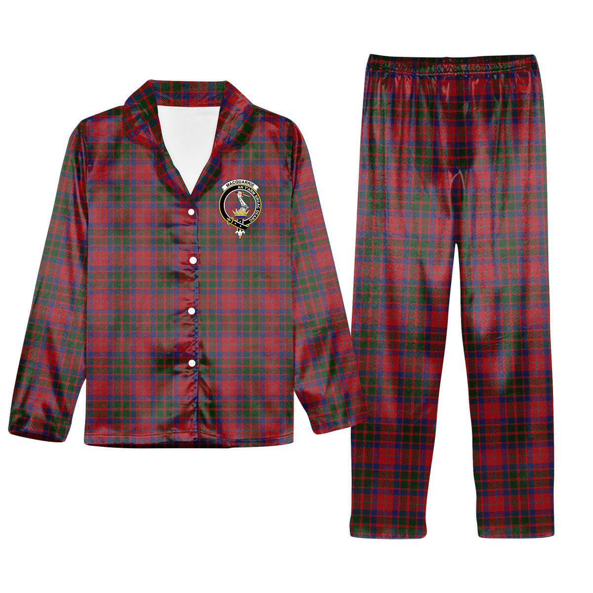 ScotsTee Shop Scottish MacQuarrie 5 Crest Tartan Pajama Satin Velvet Flannel Pajama Set