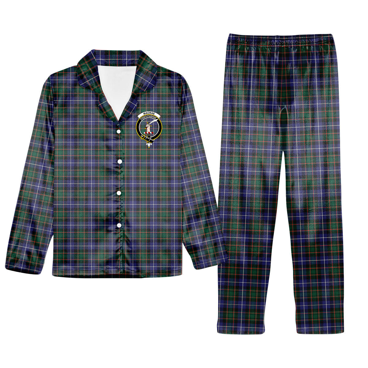 ScotsTee Shop Scottish MacRae Hunting Modern Crest Tartan Pajama Satin Velvet Flannel Pajama Set