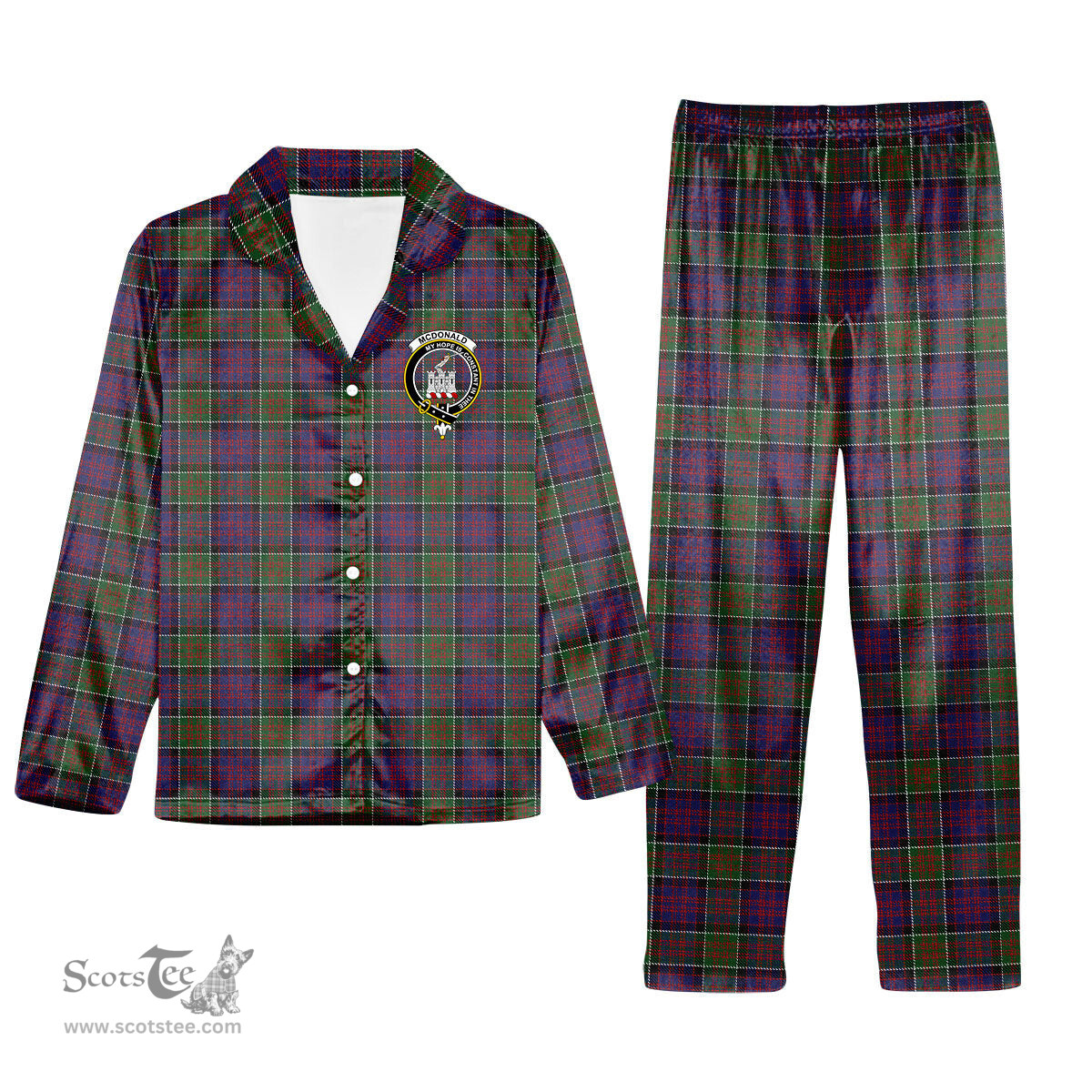 ScotsTee Shop Scottish McDonald of Clan Ranald Modern Crest Tartan Pajama Satin Velvet Flannel Pajama Set