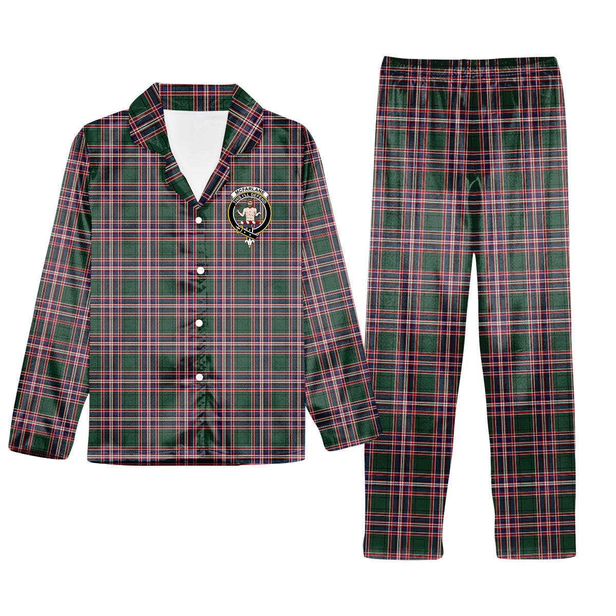 ScotsTee Shop Scottish McFarlane Hunting Modern Crest Tartan Pajama Satin Velvet Flannel Pajama Set