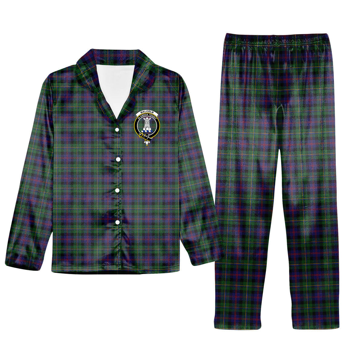 ScotsTee Shop Scottish Malcolm Crest Tartan Pajama Satin Velvet Flannel Pajama Set