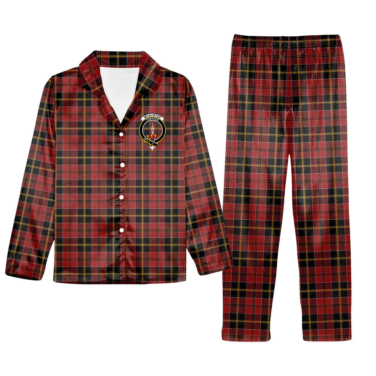 ScotsTee Shop Scottish McAlister of Skye Modern Crest Tartan Pajama Satin Velvet Flannel Pajama Set