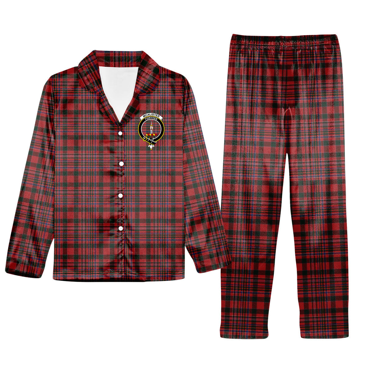 ScotsTee Shop Scottish McAlister Crest Tartan Pajama Satin Velvet Flannel Pajama Set