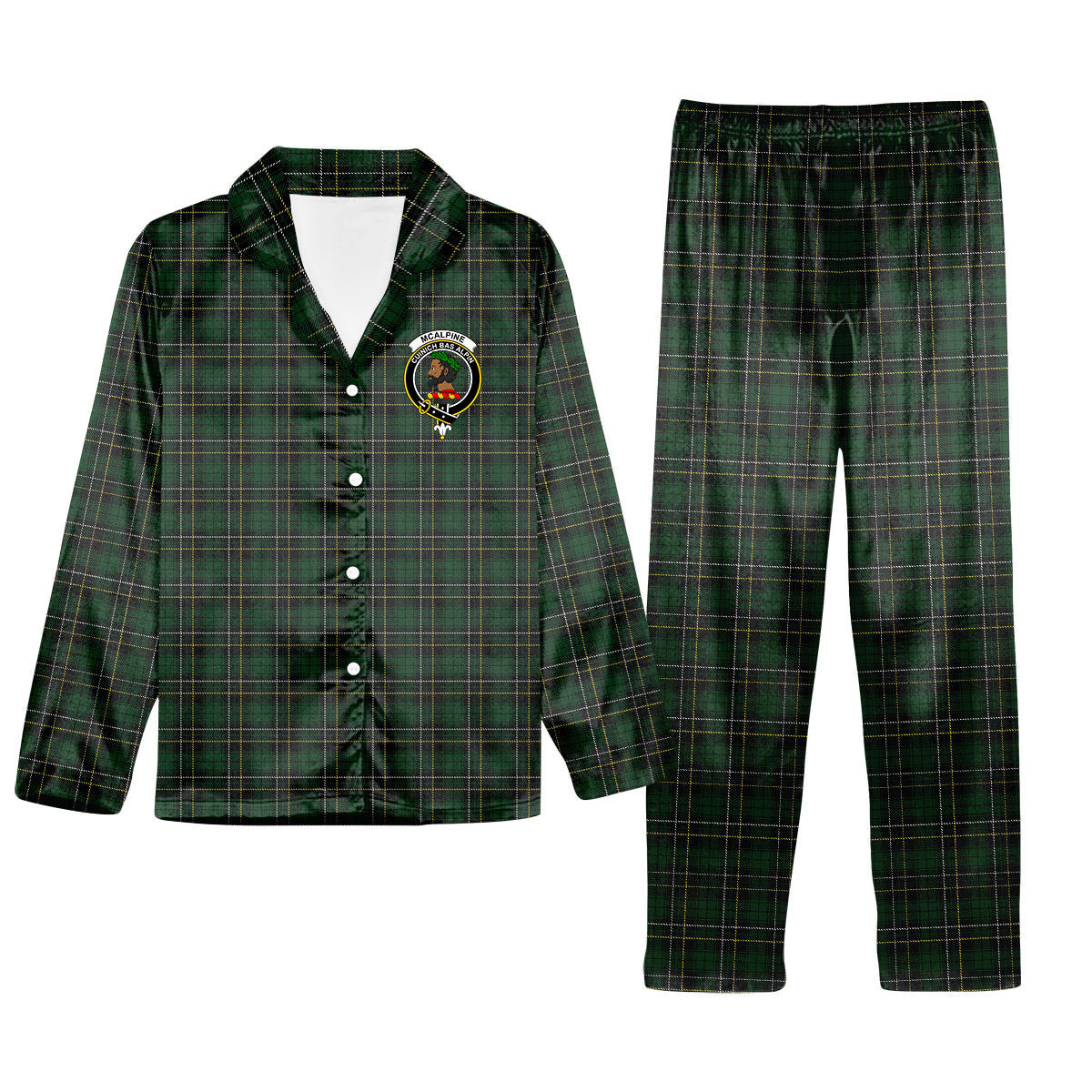 ScotsTee Shop Scottish McAlpine Crest Tartan Pajama Satin Velvet Flannel Pajama Set