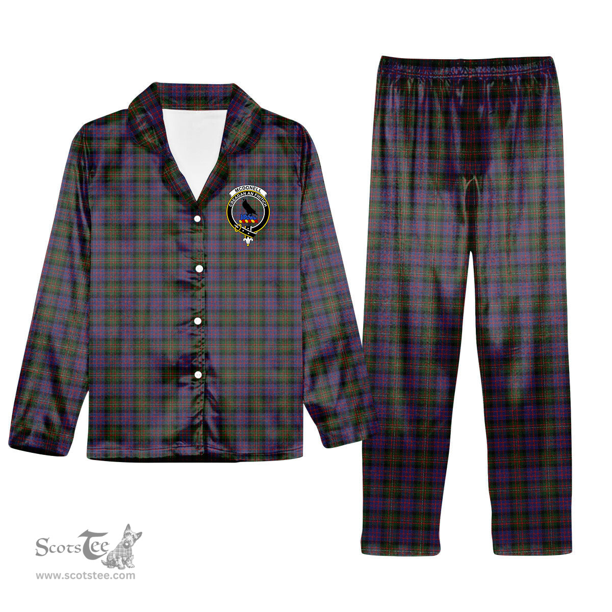 ScotsTee Shop Scottish McDonell of Glengarry Crest Tartan Pajama Satin Velvet Flannel Pajama Set