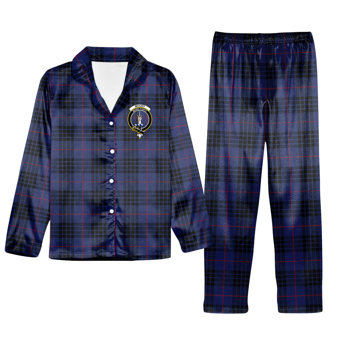 ScotsTee Shop Scottish McCoy Blue Crest Tartan Pajama Satin Velvet Flannel Pajama Set