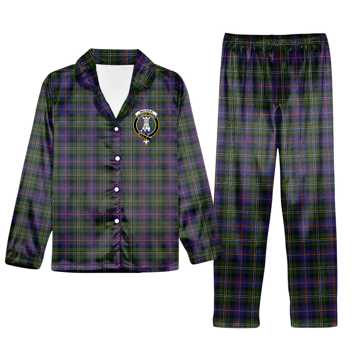 ScotsTee Shop Scottish Malcolm 1840 Crest Tartan Pajama Satin Velvet Flannel Pajama Set